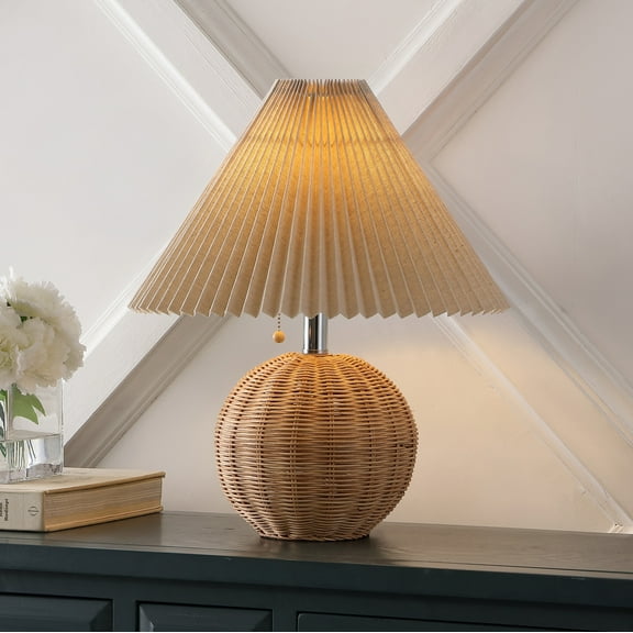 JONATHAN Y Aksel 17.25" Coastal Scandinavian Rattan/Iron Sphere LED Table Lamp with Pleated Shade and Pull Chain, Natural/Chrome/Dark Beige, JYL1145C
