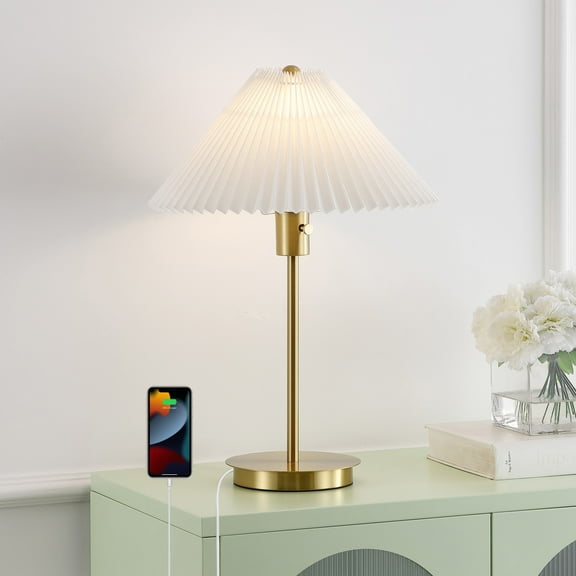 JONATHAN Y Freida 21.25" Modern Glam Metal Column LED Table Lamp with USB Charging Port and Pleated Shade, Brass Gold/White, JYL1149A