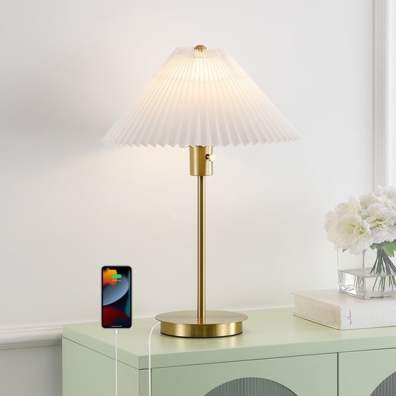 JONATHAN Y Freida 21.25" Modern Glam Metal Column LED Table Lamp with USB Charging Port and Pleated Shade, Brass Gold/White, JYL1149A