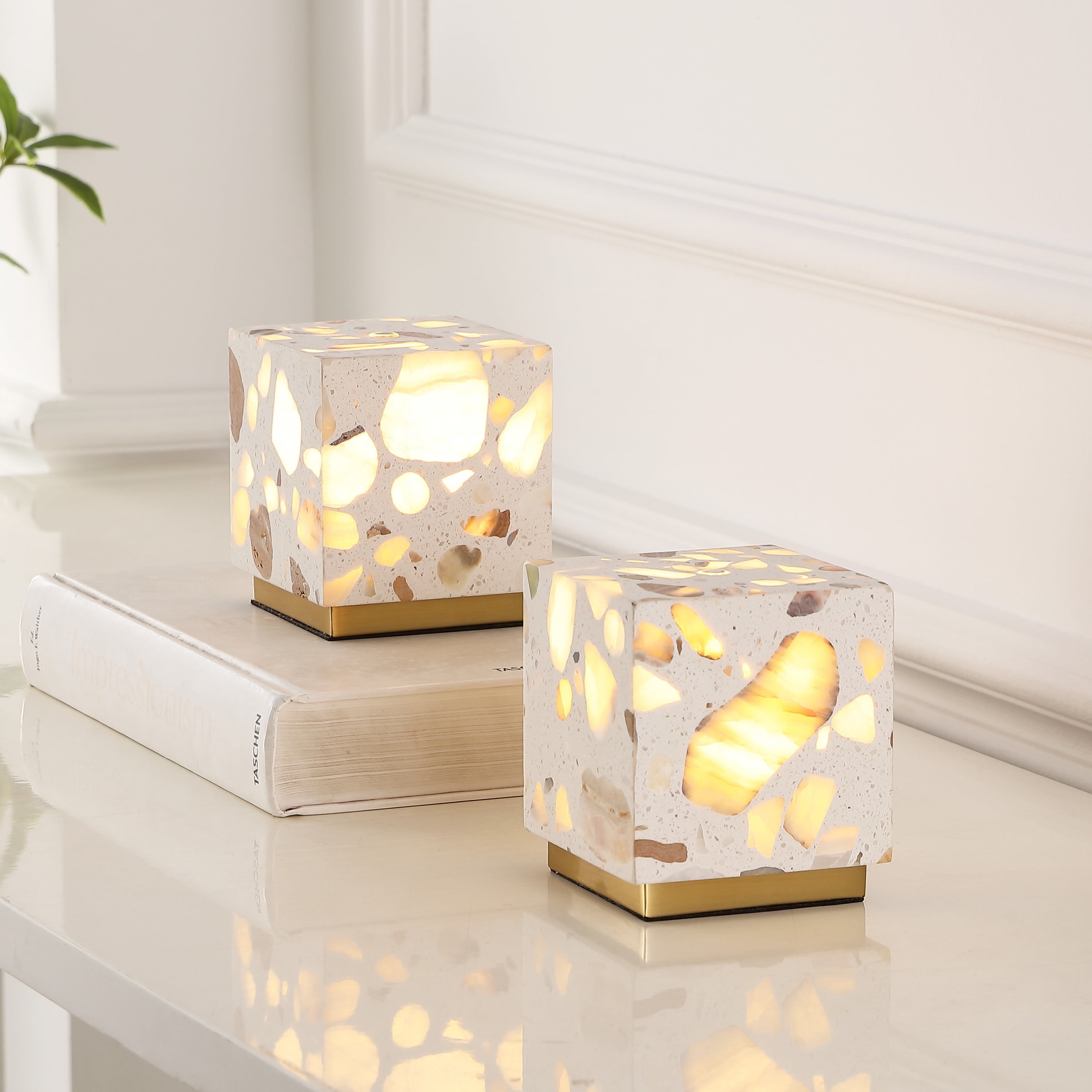 JONATHAN Y Lara 4.63" Modern Glam Terrazzo Rechargeable/Cordless Dimmable Integrated LED Mini Table Lamp with Touch Sensor, Ivory/Brass Gold (Set of 2), JYL1200A-SET2