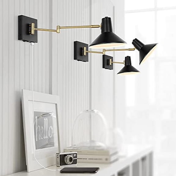 JONATHAN Y JYL1302B Hygge 16" Swing Arm 1-Light Modern Midcentury Iron USB Charging Port LED Sconce Lobby Kitchen Bathroom Bedroom Living Room, Black/Brass Gold, 8.0 in