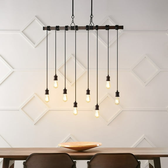 JONATHAN Y Rhys 40" 8-Light Vintage Industrial Driftwood Iron LED Linear Chandelier with Height Adjustable Bulbs, Brown Wood Finish/Black, JYL1330A