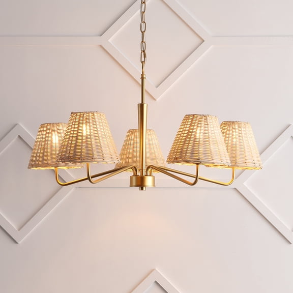 JONATHAN Y JYL1611A 30" Modern Coastal 5-Light Gold Chandelier, Woven Rattan Pendant Lighting Fixture for Kitchen Island, Boho Ceiling Light with Adjustable Height, Dimmable, 5 LED Bulbs Included