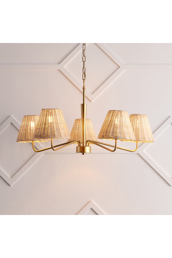 JYL1611A 30" Modern Coastal 5-Light Gold Chandelier, Woven Rattan Pendant Lighting Fixture for Kitchen Island, Boho Ceiling Light with Adjustable Height, Dimmable, 5 LED Bulbs Included