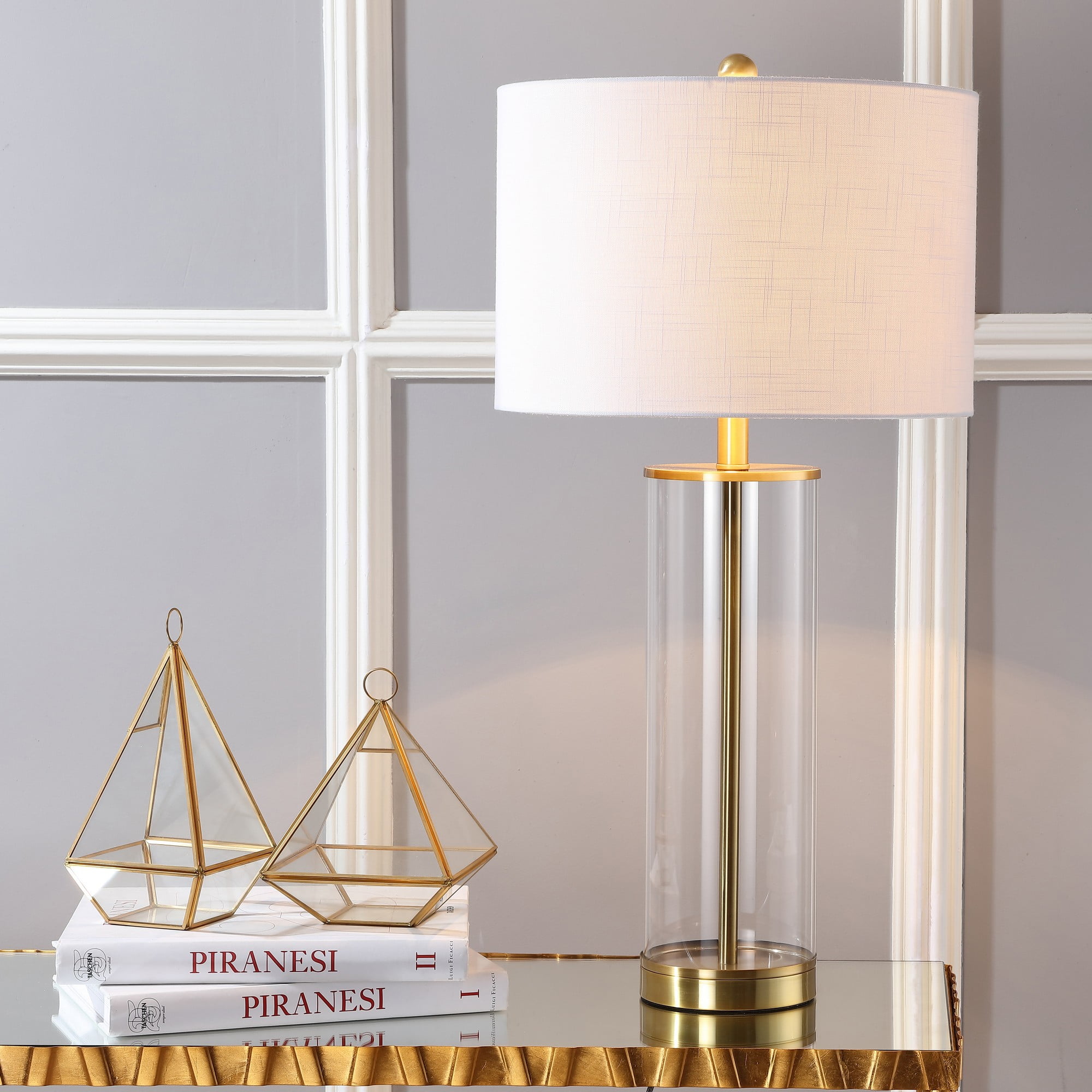 Collins 29" Clear Glass and Brass Table Lamp with White Drum Shade