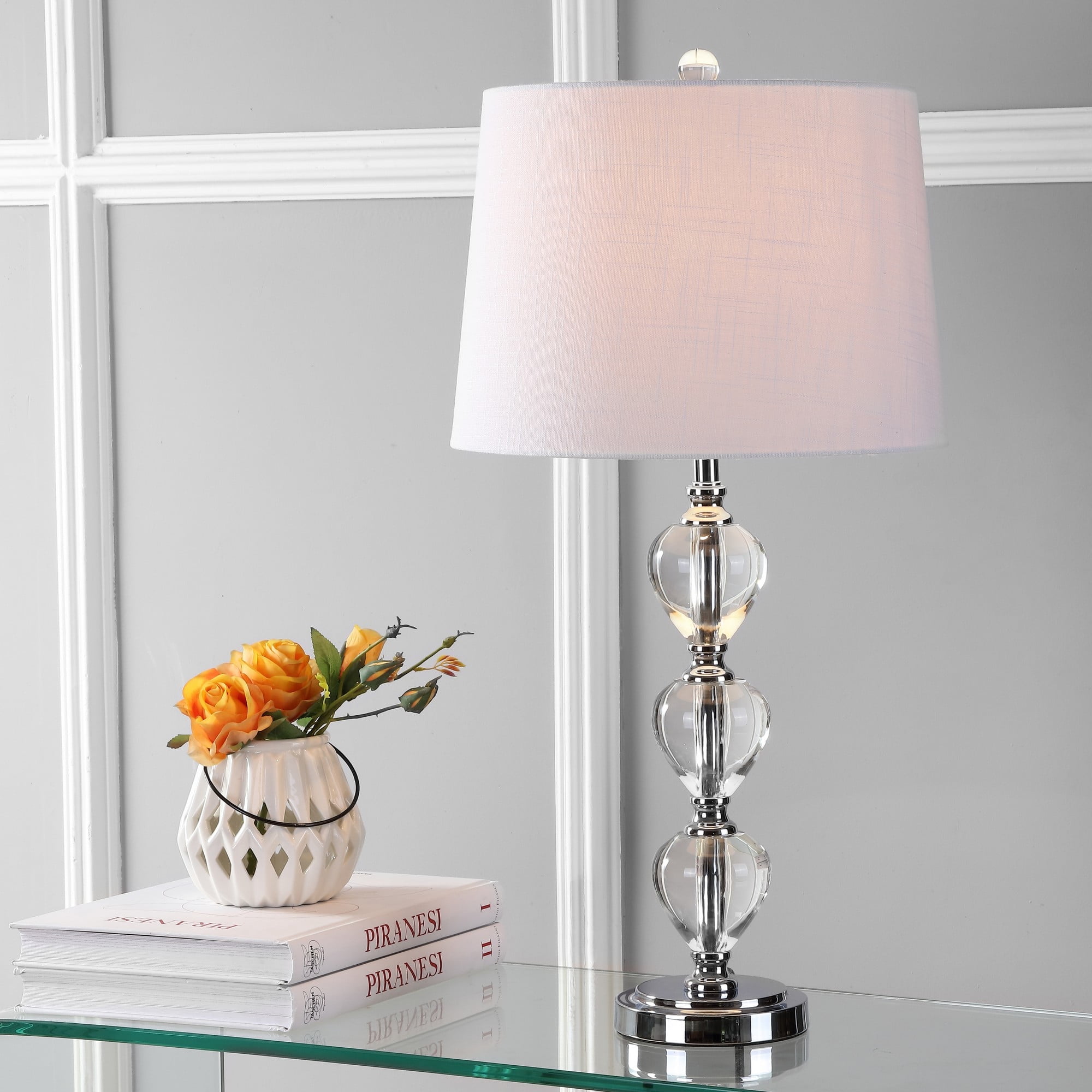 Clear Crystal and Steel 27" LED Table Lamp with Cotton Shade