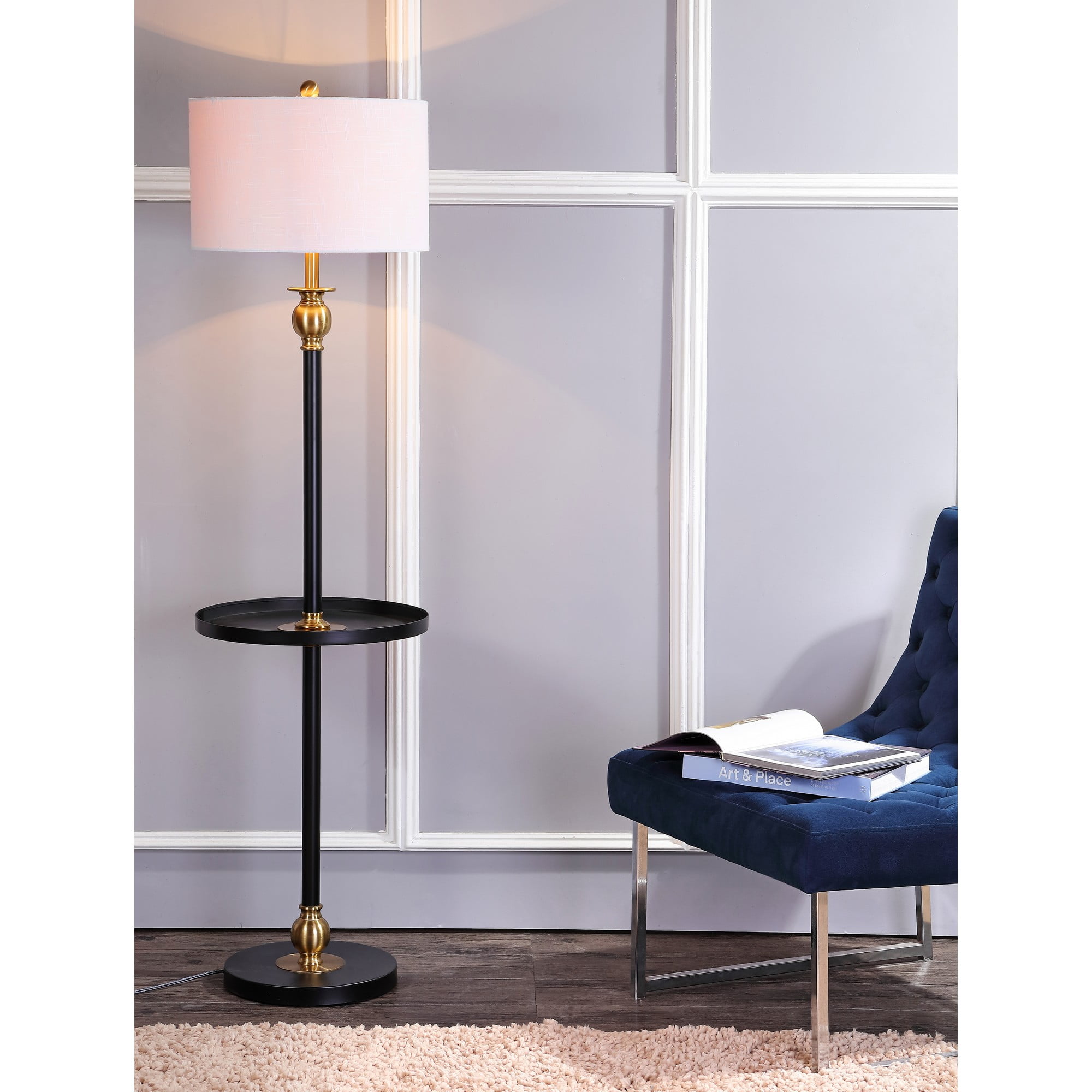 Elegant Arc 61" Black and Gold Metal End Table Floor Lamp with Linen Shade