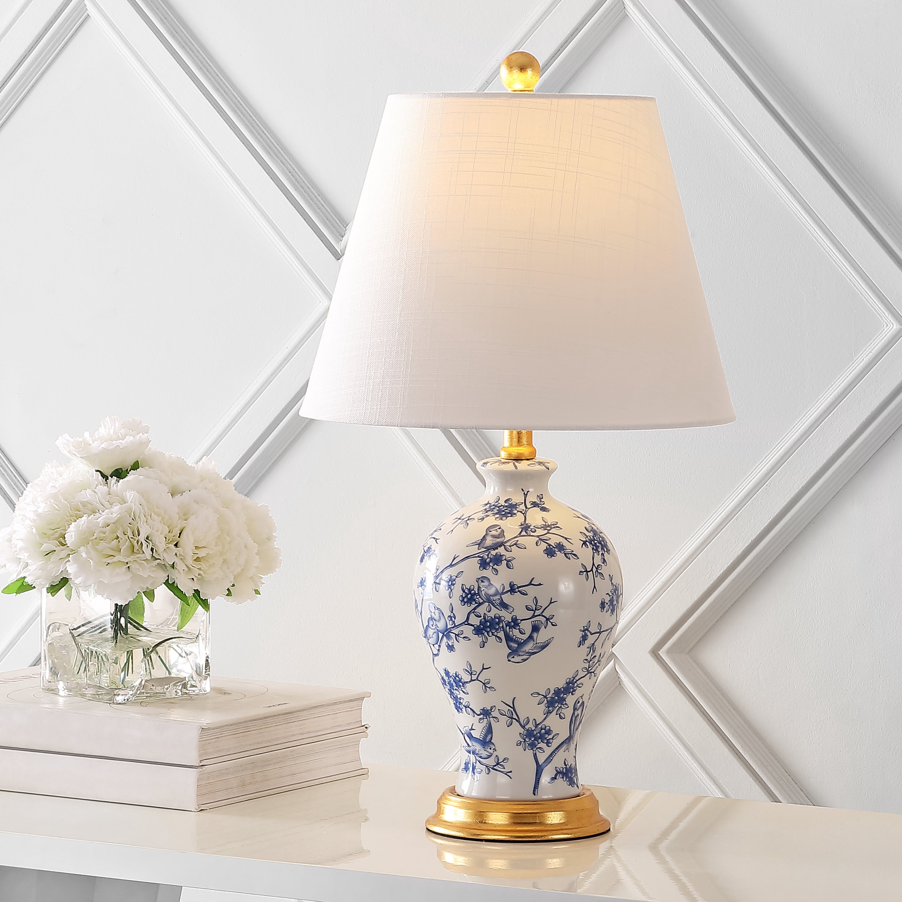 JONATHAN Y Grace 24" French Country Cottage Ceramic/Iron Floral Urn LED Table Lamp, Blue/White, JYL3009B