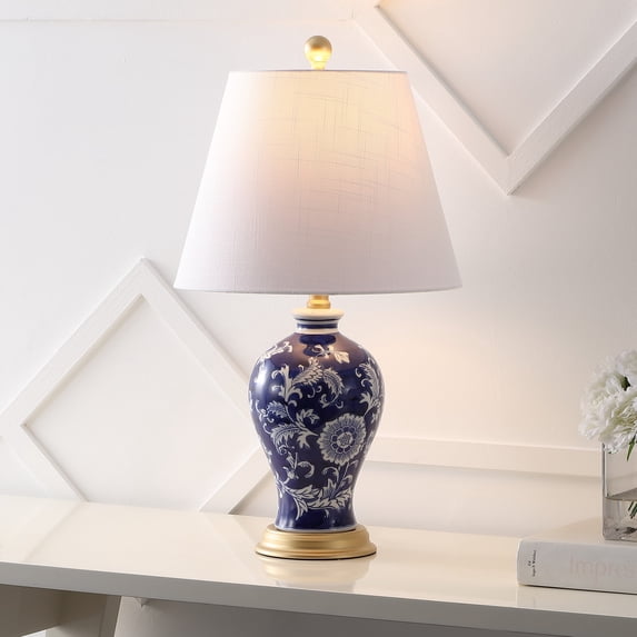 JONATHAN Y Grace 24" French Country Cottage Ceramic/Iron Floral Urn LED Table Lamp, Navy/White, JYL3009E
