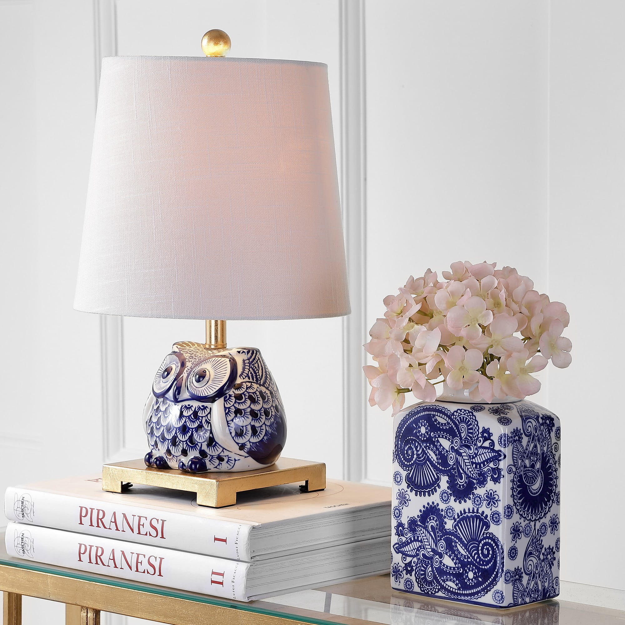 Blue and White Ceramic Owl Mini LED Table Lamp with Empire Shade