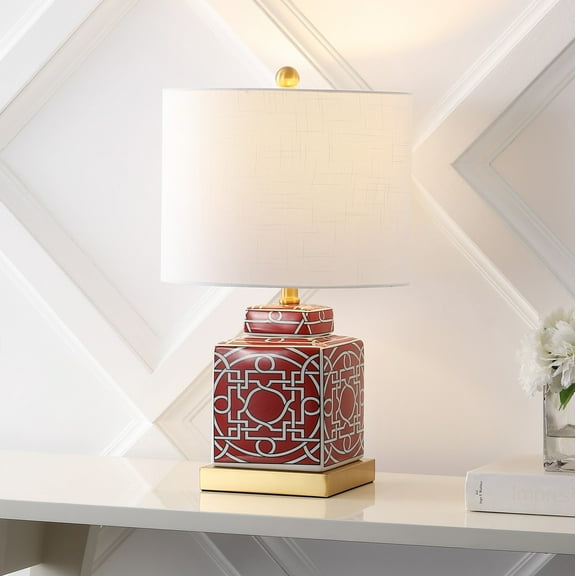 JONATHAN Y Catherine 22" Modern Transitional Ceramic/Metal Square Ginger Jar LED Table Lamp, Red/White, JYL3044B
