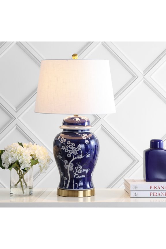 Gracie 29.5" Traditional Cottage Ceramic/Metal Ginger Jar LED Table Lamp, White/Navy, JYL3047A