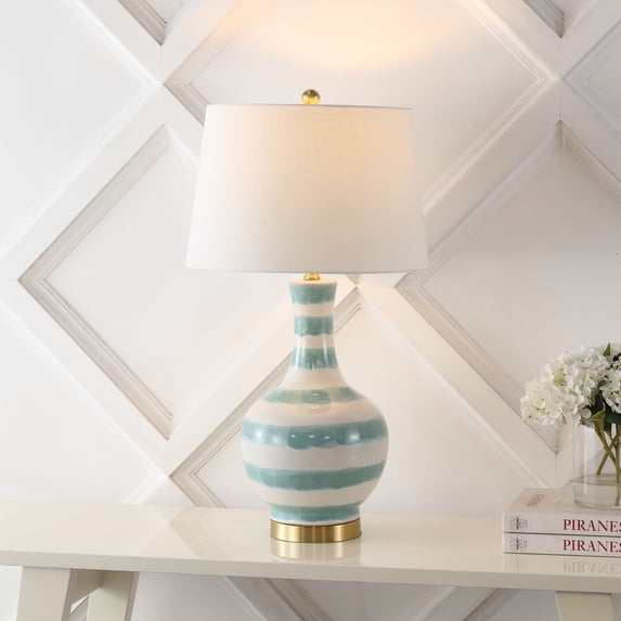 JONATHAN Y Tucker 30.5" Striped Ceramic/Metal LED Table Lamp, Green/White, JYL3054A