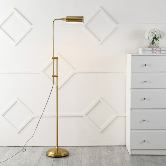 JONATHAN Y Zinnia 63" Industrial Minimalist Height-Adjustable Iron Pharmacy LED Floor Lamp, Brass Gold