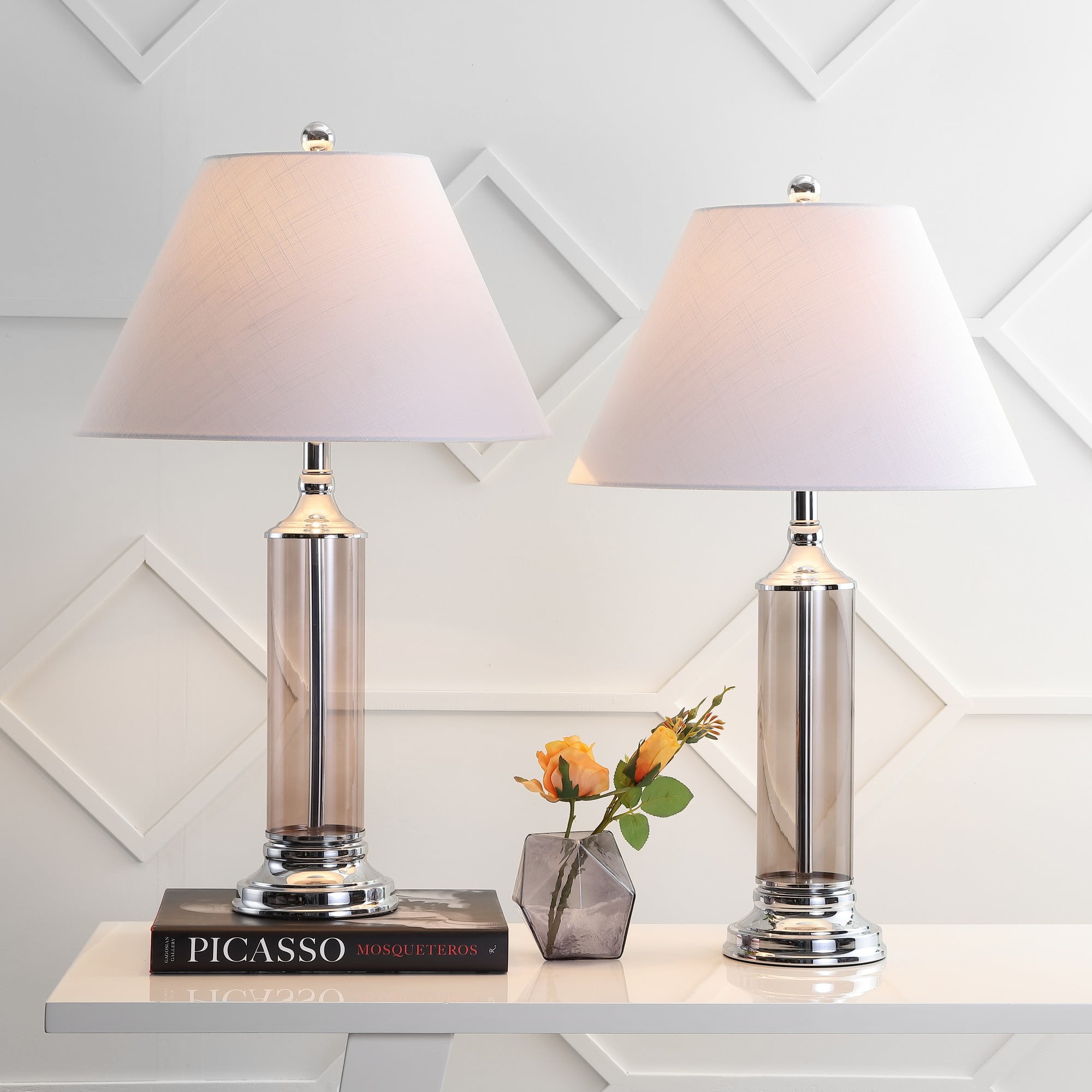 Astor Smoked Gray Glass LED Table Lamp Set with Chrome Base