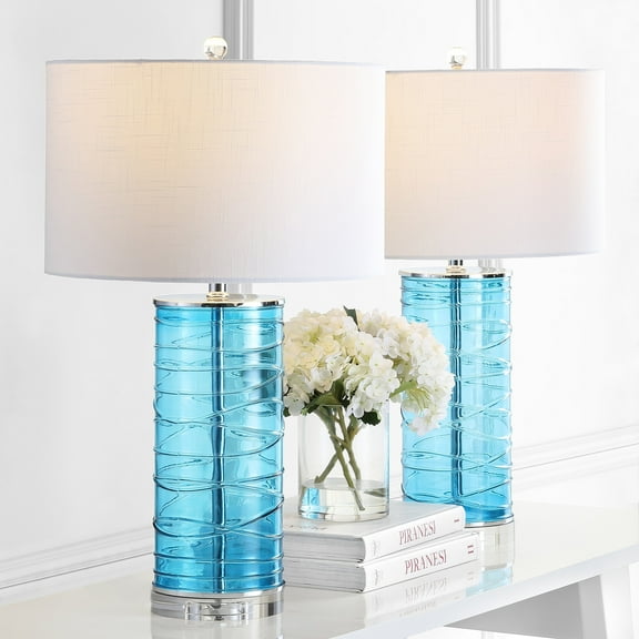 JONATHAN Y Cole 27.5" Modern Fused Glass Cylinder LED Table Lamp, Turquoise (Set of 2), JYL4016A-SET2