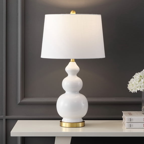JONATHAN Y Bowen 27.5" Contemporary Transitional Ceramic Gourd LED Table Lamp, White/Brass Gold, JYL4023D