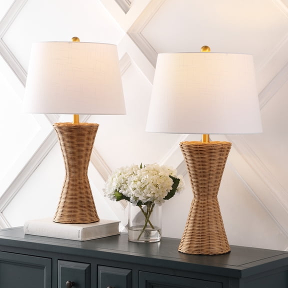 JONATHAN Y Laura 27" Coastal Designer Iron/Rattan Wicker LED Table Lamp, Natural (Set of 2), JYL4048A-SET2