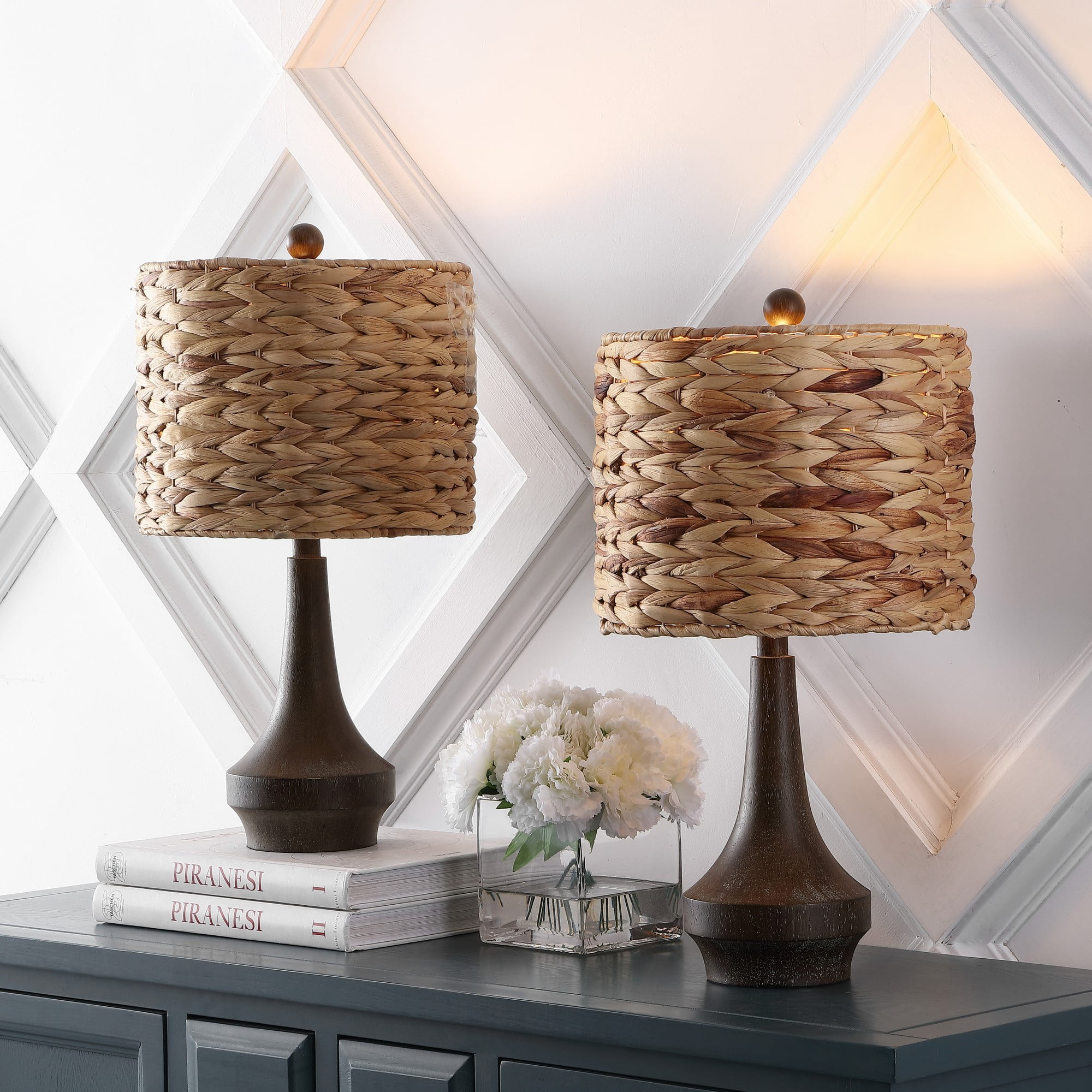 Theodore 21" Brown Resin Table Lamp Set with Handwoven Rattan Shade