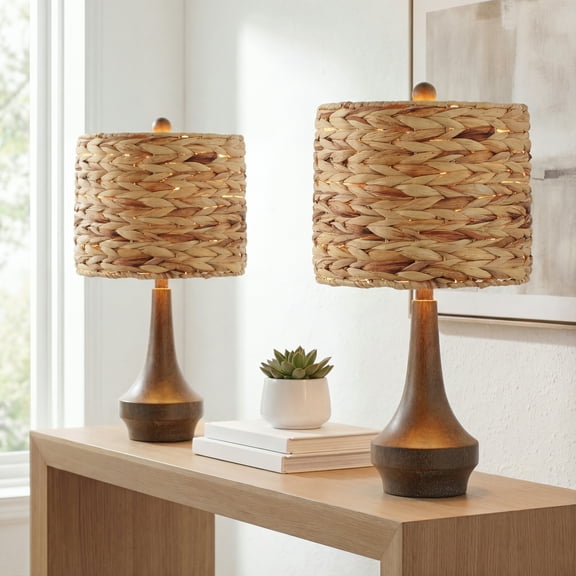 JONATHAN Y Theodore 21" Rustic Farmhouse Handwoven Water Hyacinth/Resin LED Table Lamp, Brown Wood Finish (Set of 2), JYL4051A-SET2