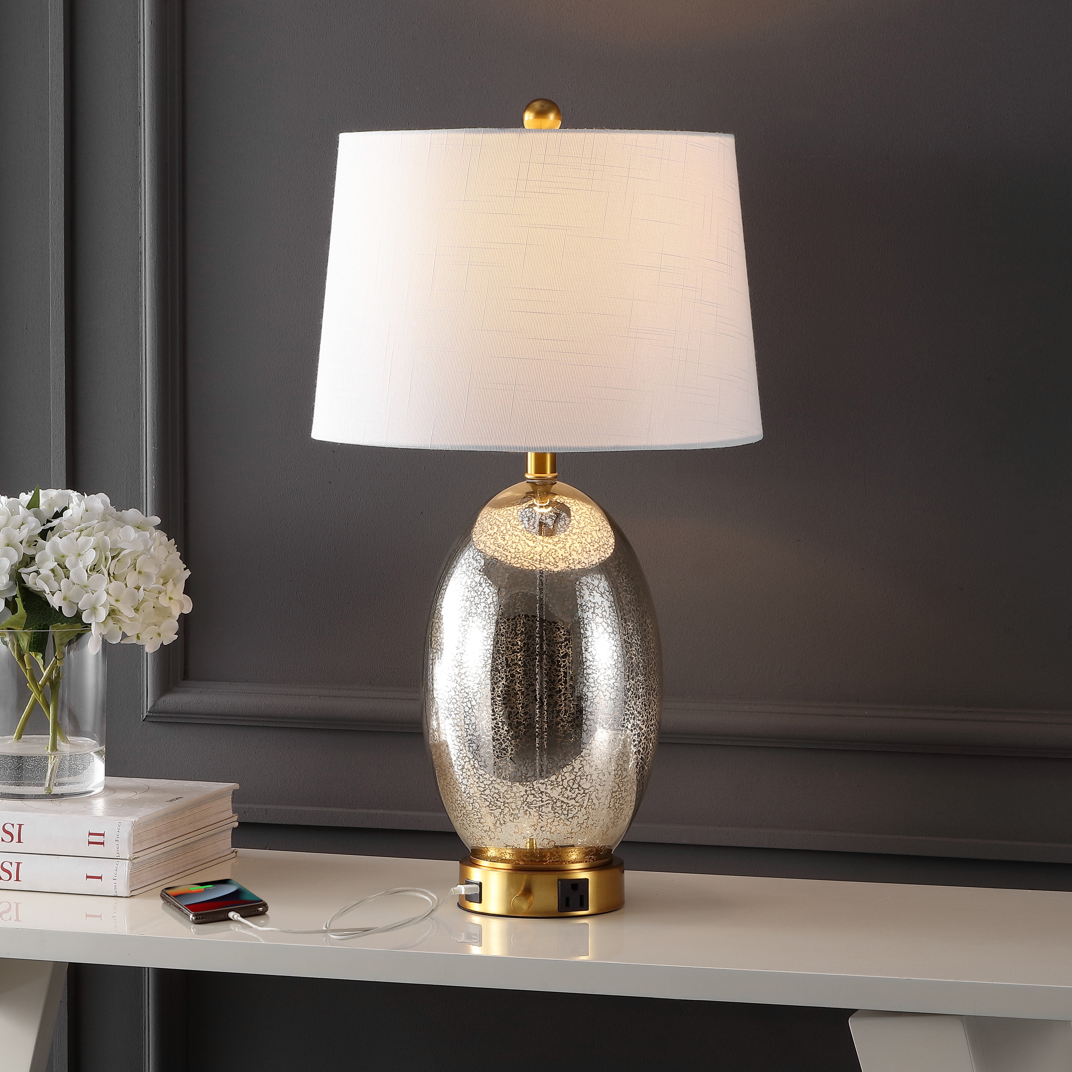 JONATHAN Y Reese 26.5" 1-Outlet Contemporary Style Iron/Glass LED Table ...