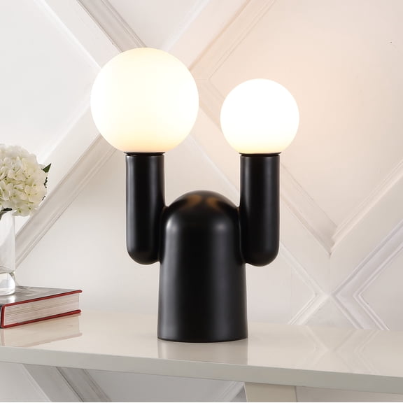 JONATHAN Y Leif 19" 2-Light Modern Mid-Century Resin/Iron/Frosted Glass Nordic Cactus LED Table Lamp, Black, JYL4063A