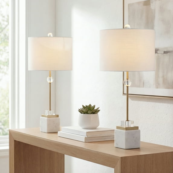 JONATHAN Y Dawson 30" Marble/Crystal LED Table Lamp, Brass (Set of 2), JYL5008A-SET2