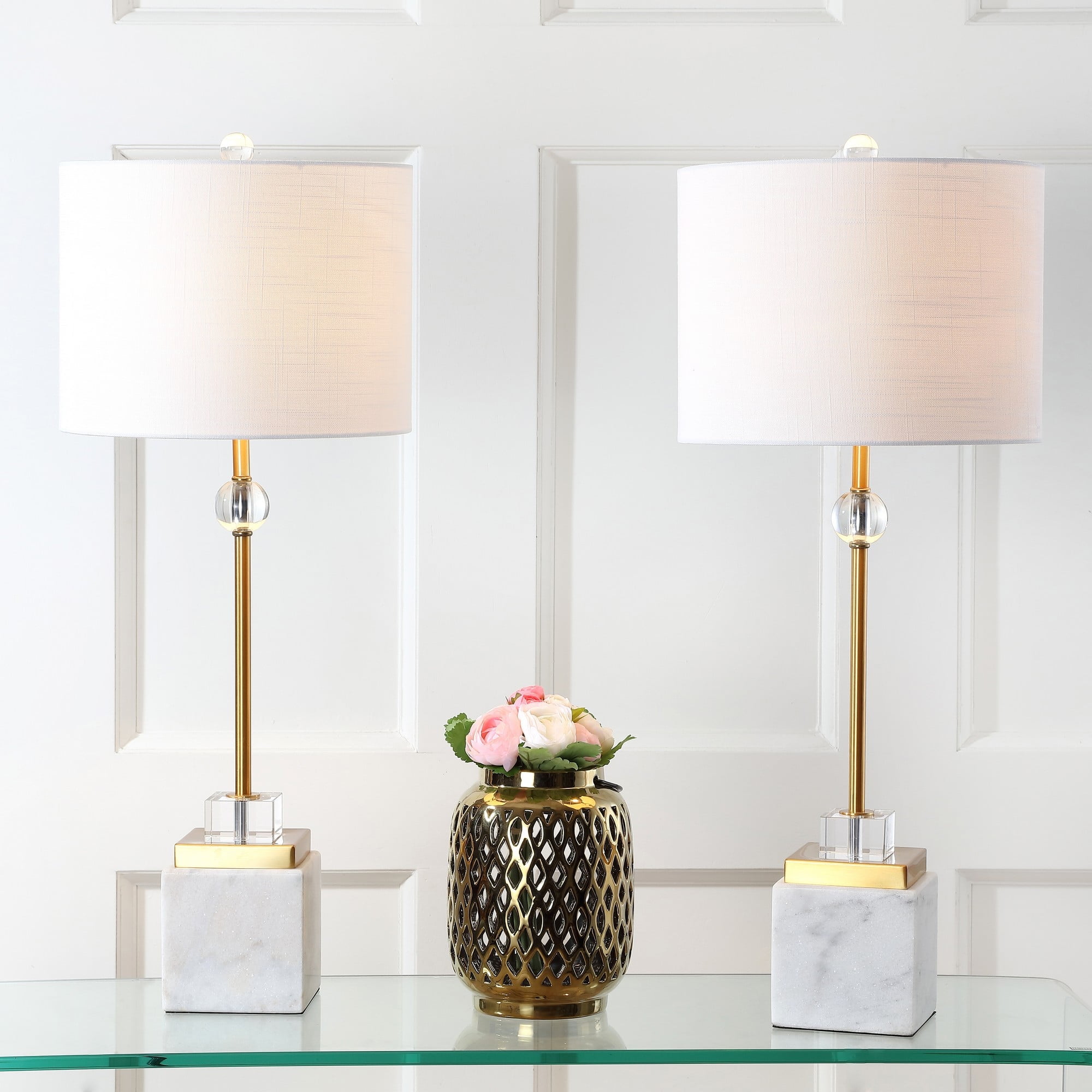 Dawson 30" White Marble and Brass LED Table Lamp Set
