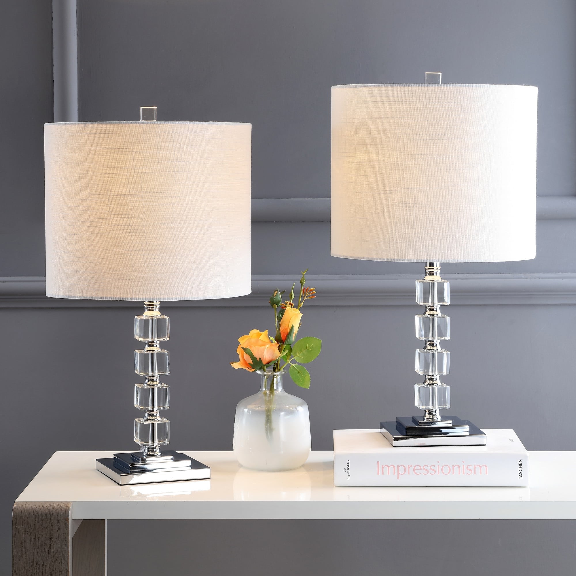 Contemporary Crystal Cube 22" White Linen Shade Table Lamp Set