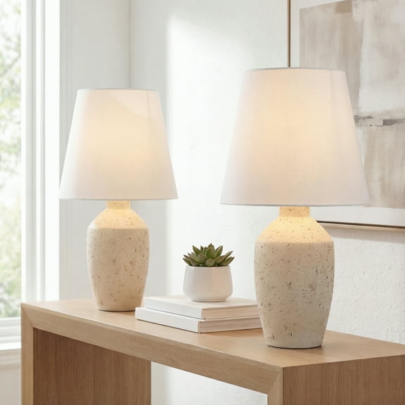 JONATHAN Y Xander 19.5" Minimalist Scandinavian Concrete Effect Resin/Iron Ginger Jar LED Table Lamp, Matte Cream (Set of 2), JYL5605B-SET2