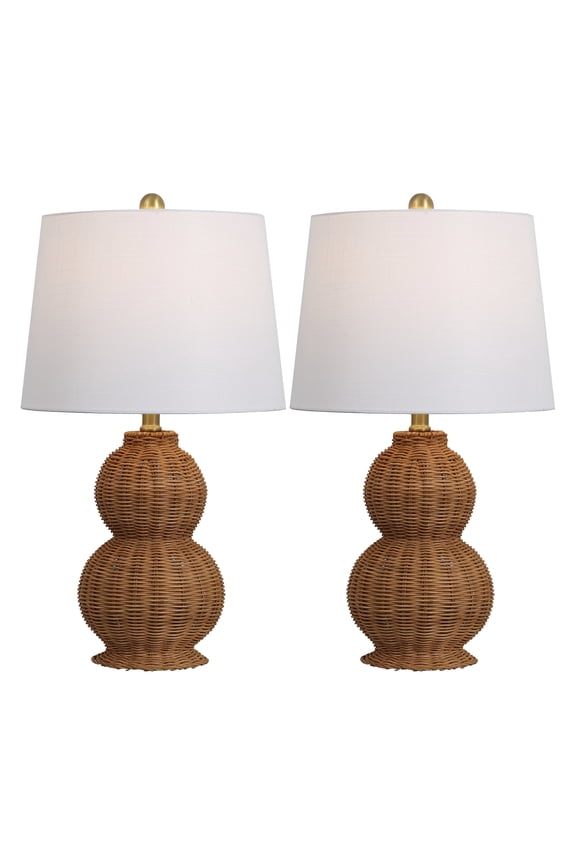 Millie 23" Modern Coastal Woven Rattan Gourd LED Table Lamp, Dark Brown (Set of 2), JYL5704A-SET2