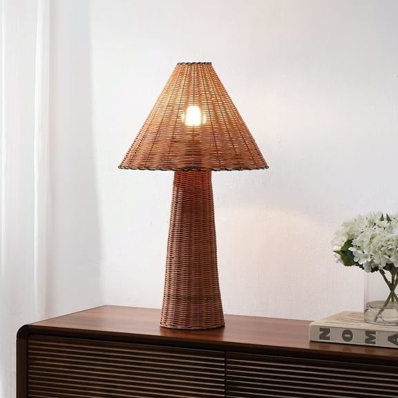 JONATHAN Y Kara 26.5" Modern Coastal Woven Rattan Tapered Cylinder LED Table Lamp, Dark Brown, JYL5705A