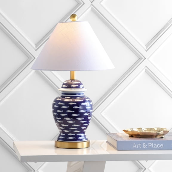 JONATHAN Y School of Fish 22" Ginger Jar Ceramic/Metal LED Table Lamp, Navy, JYL6209A