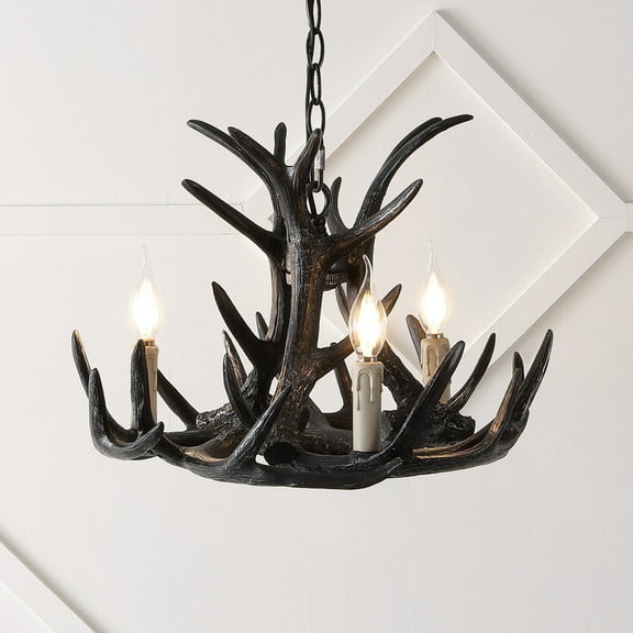 JONATHAN Y Nelle 18" Adjustable Resin Antler 3-Light Dimmable LED Chandelier, Black, JYL6304B