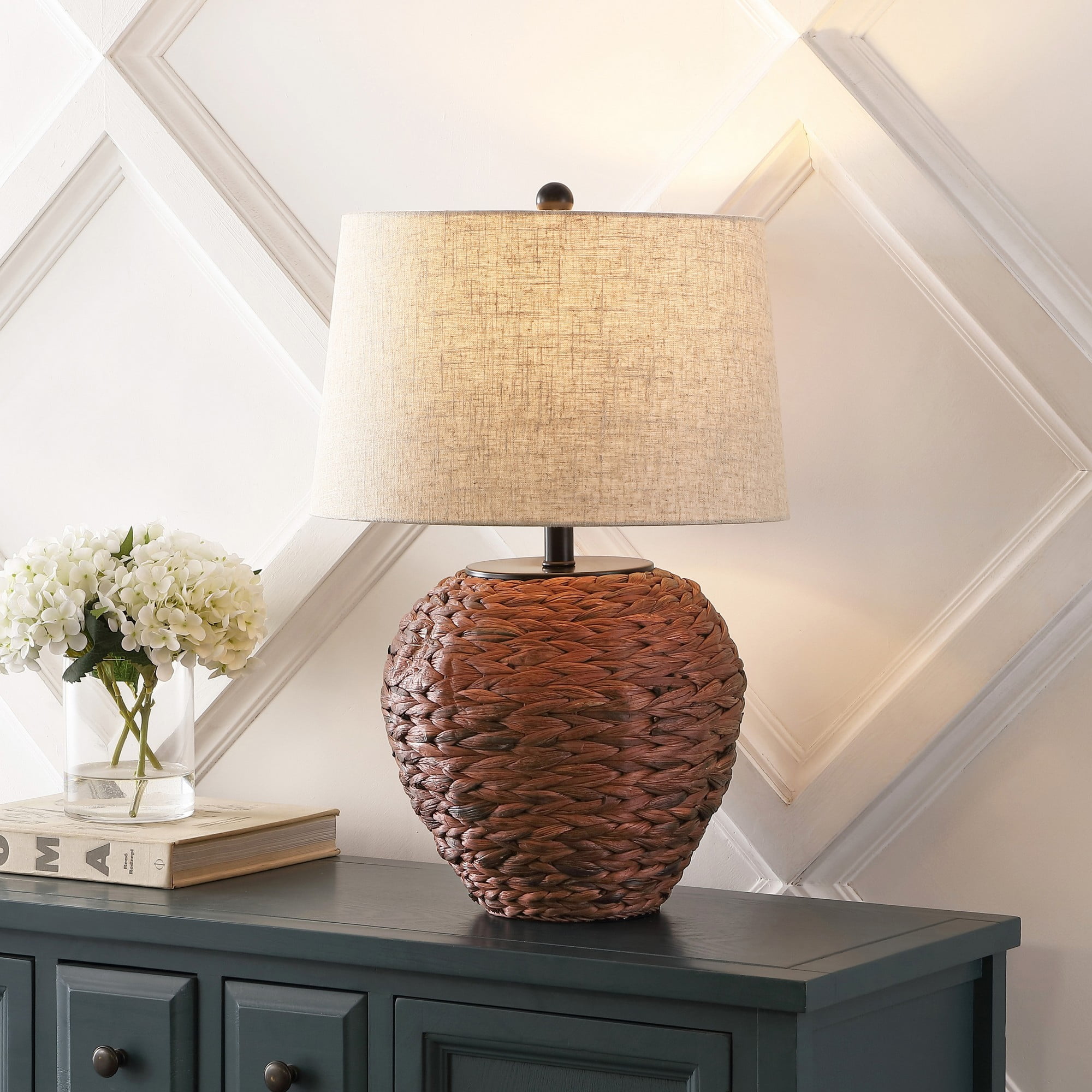 Dark Brown Water Hyacinth Basket Table Lamp with Beige Linen Shade