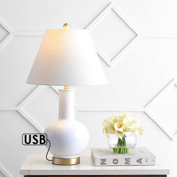 JONATHAN Y Han 27" Ceramic/Iron Contemporary USB Charging LED Table Lamp, White/Brass Gold, JYL6600A