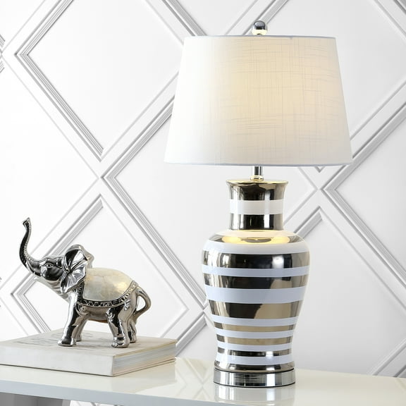 JONATHAN Y Zilar Striped 28.75" Ceramic/Iron Classic Modern LED Table Lamp, Silver, JYL6603A