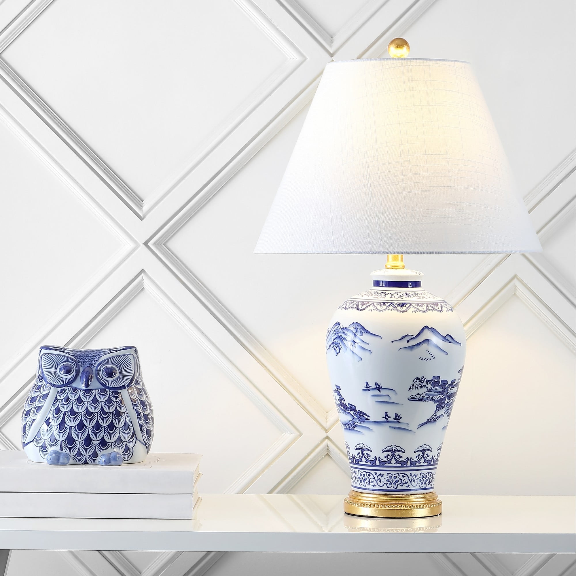 Traditional White and Blue Ceramic Table Lamp with Linen Shade