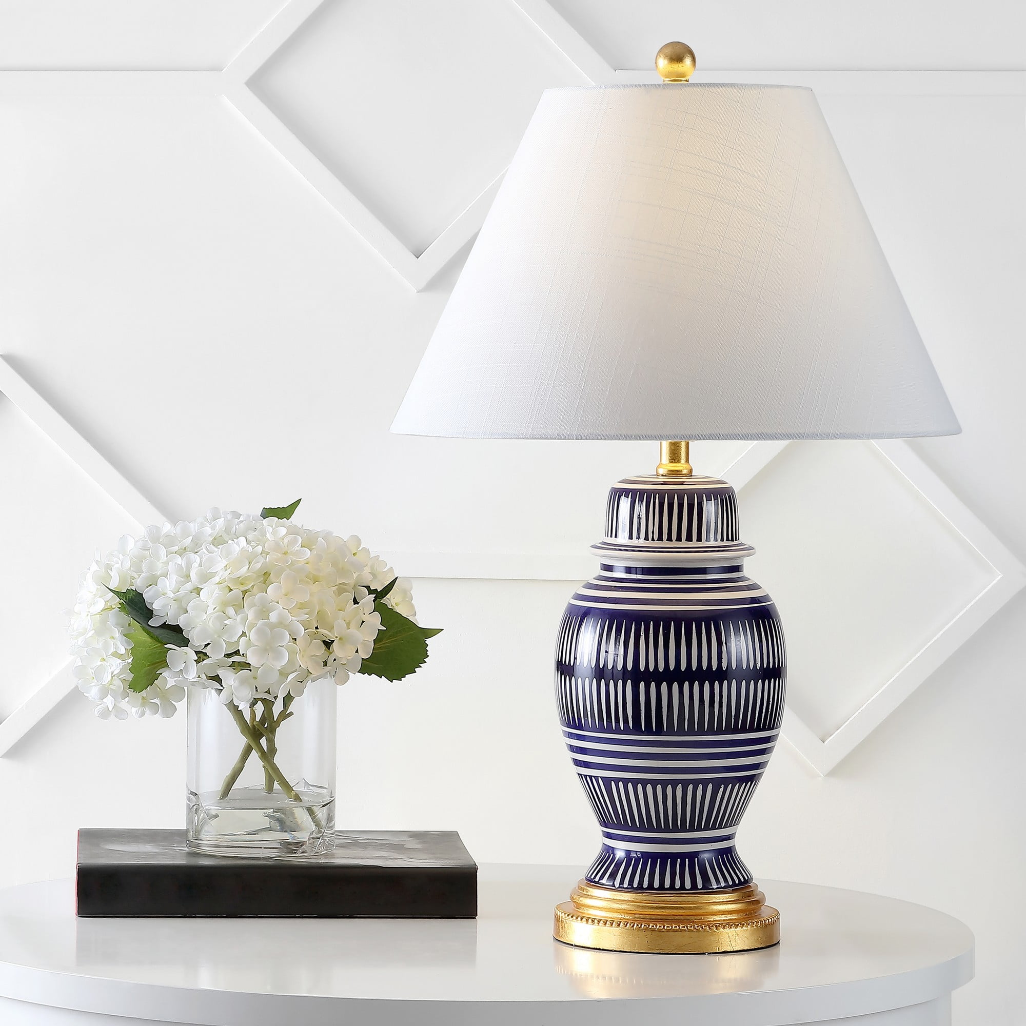 27" Navy and White Ceramic Coastal Table Lamp with Gold Accents