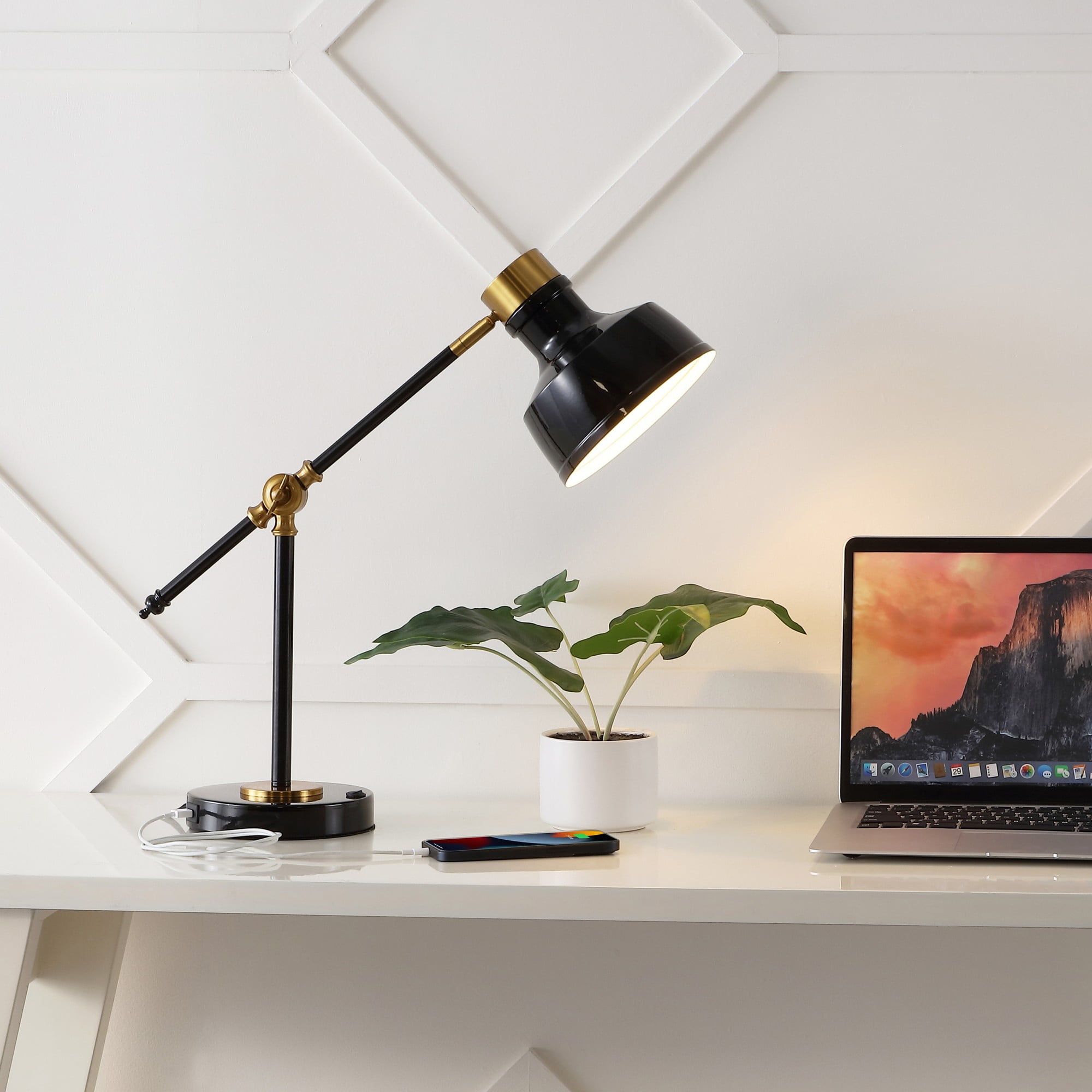 Adjustable Black and Brass Gold Edison Task Lamp with USB Port