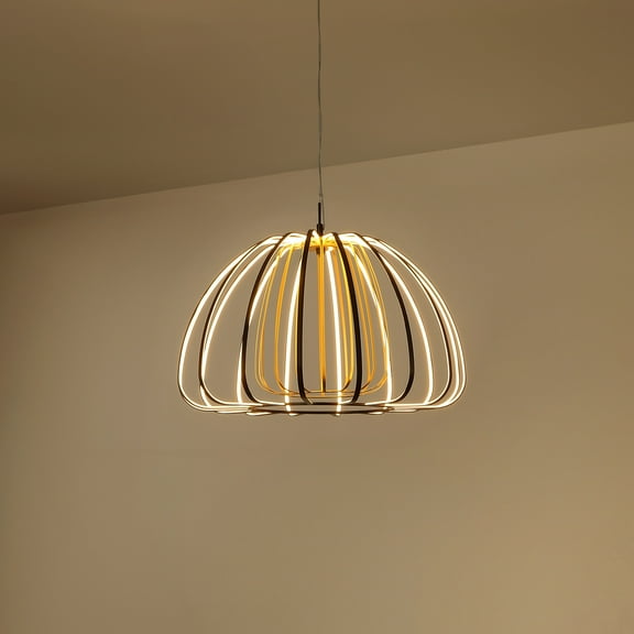 JONATHAN Y Gigi 23.5" Modern Glam Metal Adjustable Dimmable Stripe Cage Integrated LED Pendant, Black/Gold Painting