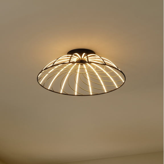 JONATHAN Y Ambros 23.5" Modern Industrial Metal Dimmable Stripe Half-Cage Integrated LED Flush Mount, Black/Gold Painting, JYL7148A