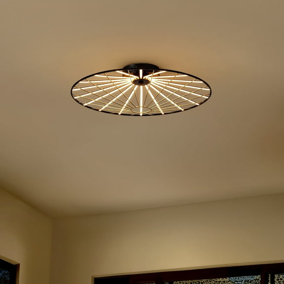 JONATHAN Y Anders 23.25" Contemporary Scandinavian Dimmable Stripe UFO Integrated LED Flush Mount, Black/Gold Painting, JYL7150A