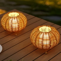 JONATHAN Y Kairi 5.75" Modern Bohemian Indoor/Outdoor Faux Rattan Lantern Rechargeable/Cordless Dimmable Integrated LED Table Lamp, Light Brown (Set of 2), JYL7156A-SET2