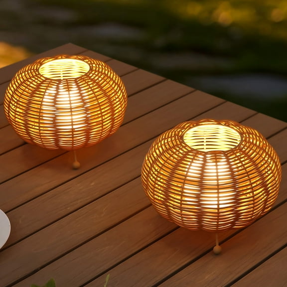 JONATHAN Y Kairi 5.75" Modern Bohemian Indoor/Outdoor Faux Rattan Lantern Rechargeable/Cordless Dimmable Integrated LED Table Lamp, Light Brown (Set of 2), JYL7156A-SET2