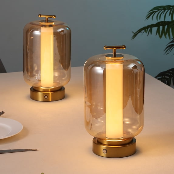 JONATHAN Y Milou 10.75" Vintage Glam Lantern Rechargeable/Cordless Dimmable Integrated LED Table Lamp with Touch Sensor, Gold/Amber (Set of 2), JYL7160A-SET2
