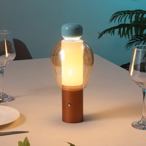 JONATHAN Y Evonne 10.75" Modern Glam Candle-Style Rechargeable/Cordless Dimmable Integrated LED Table Lamp with Touch Sensor, Blue/Cooper/Amber, JYL7161B