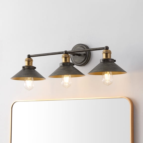JONATHAN Y July 26.5" 3-Light Industrial Farmhouse Metal Vanity Light, Rustic Dark Gray/Brass Gold