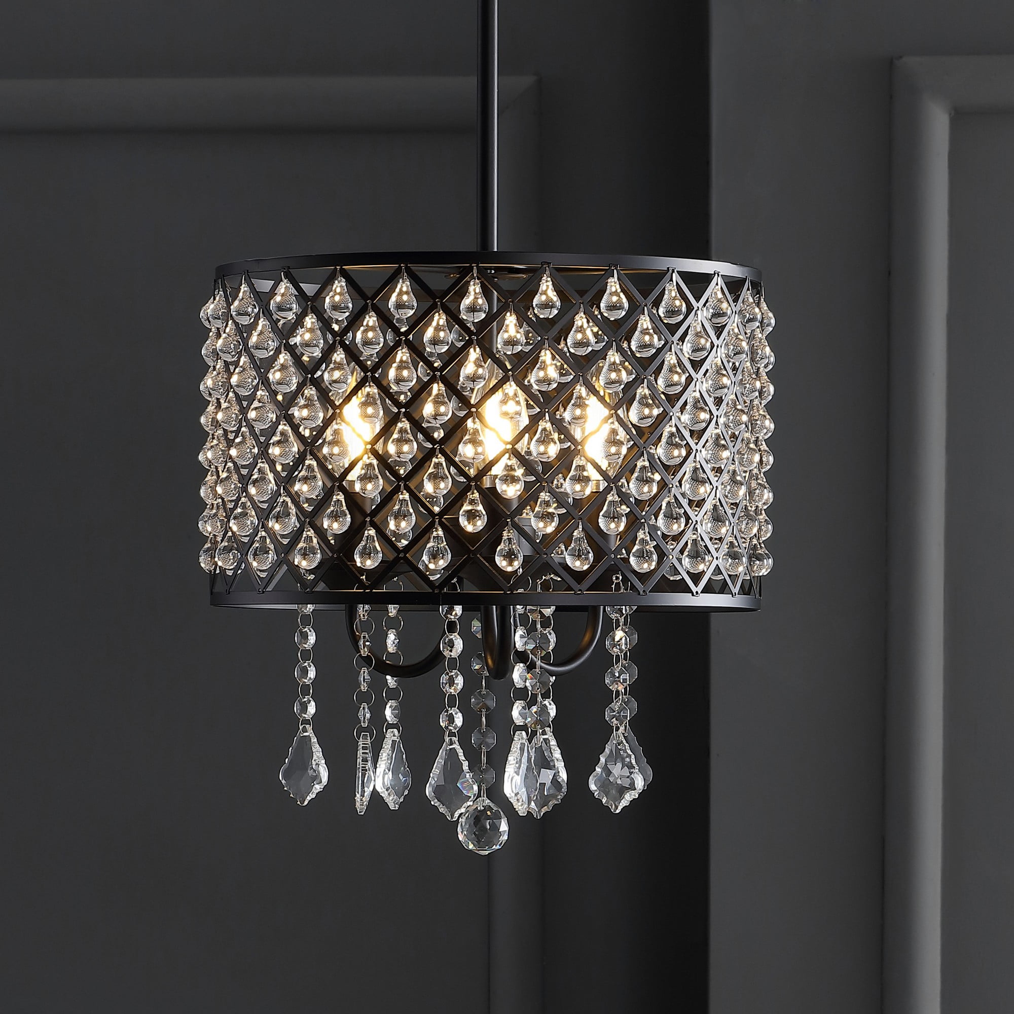 Gigi 13" Glamorous Black Iron & Crystal LED Drop Chandelier