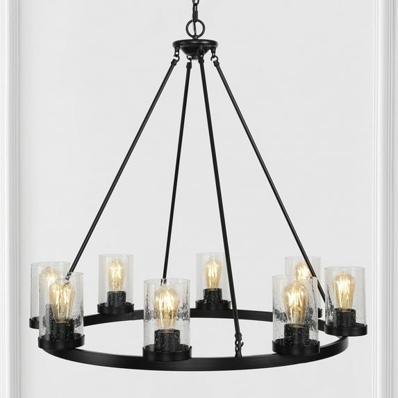 JONATHAN Y Coronet 33.5" 8-Light Iron/Seeded Glass Rustic Farmhouse Round LED Chandelier, Oil Rubbed Bronze, JYL7554A